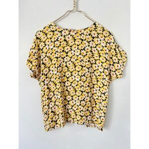 Vintage Gianni Petite Yellow Floral‎ Rayon Blouse Cottagecore Summer Top Size 8